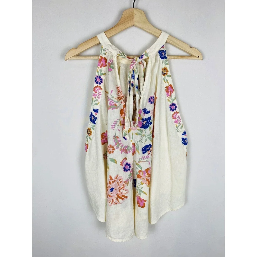 Free People Emily Floral Halter Tie-Back Top Ivory Cotton Gauze OB1434194 Large